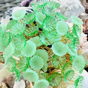 8pc Green Mix Glass Flower bouquet- Glass Headpins - Millinery - Flower Picks - Handcrafted - Brass Wire. {Z3-3066#5175}
