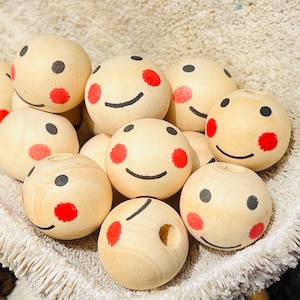 15 visages de poupée en bois hinoki : perles smiley rondes de 20 mm