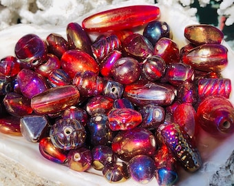 50pc Vintage Mix Red/Pink Carnival Glass Beads/Aurora Borealis BULK Assorted Shapes  Beads /Vintage Jewelry Supplies.{R3-1635#022371}