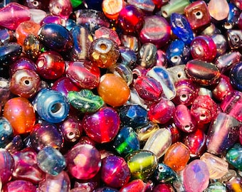 50grams  of Vintage Mix Carnival Glass Beads/Aurora Borealis Assorted Shapes- Color Beads /Vintage Jewelry Supplies.{R1-1614#02267}