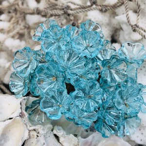 14pc Clear Baby Blue Glass Flower Headpins,Charms- Glass Headpins -Millinery -Flower Beads-Handcrafted-Brass Wire. {R1-1617#02284}