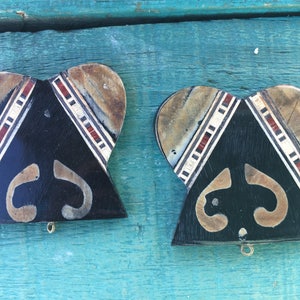 Vintage Pair of LARGE Tribal Ethnic Carved Horn Pendant - Earring Charms - Inlayed Pendants - Natural Pendants.{B6-64#00473}