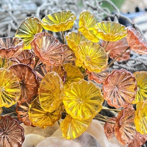 SUPPLY: 8pc Mix Clear Yellow, Clear Peach  Glass Flower Headpins-Glass Headpins - Millinery  - Handcrafted - Brass Wire - SKU {E7-179#1131}