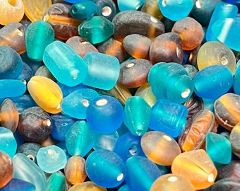 50g Vintage Matte Sea Glass Beads: Aqua, Green & Honey Mix