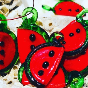 7pc Handmade Lampwork Watermelon Charms: Red Glass Pendants (25mm)