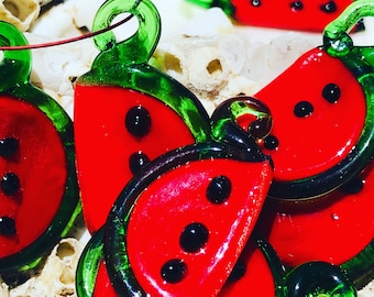 7pc Handmade Lampwork Watermelon Charms: Red Glass Pendants (25mm)