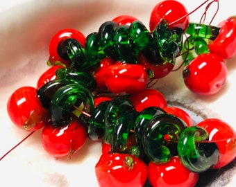 7pc Red Apple Lampwork Glass Charms: Handmade Pendants