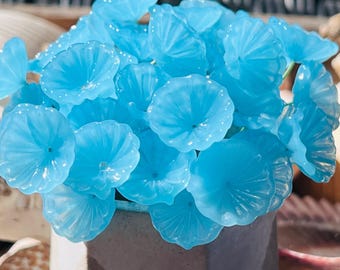 8pc Vintage Jelly Sheer Blue, Glass Flower Pin Charms-Glass Headpins - Millinery - Handcrafted -Brass Wire.{Z2-3060#5105}
