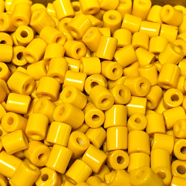 Yellow Mustard Color Tile Glass Beads / Barrel Beads/ Colorful Beads.  {O3-1572#018657}