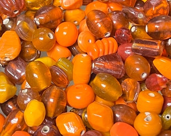 50grams Vintage Random Mixed Shape Orange, Yellow Opaque Glass Beads/  Glass Bead Assortment. {H3-1690#0257}