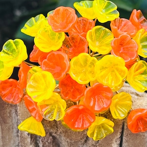 Vintage 10pc Yellow, Orange Glass Flower bouquet- Glass Headpins - Millinery - Flower Picks - Handcrafted.{B6-64#000477}