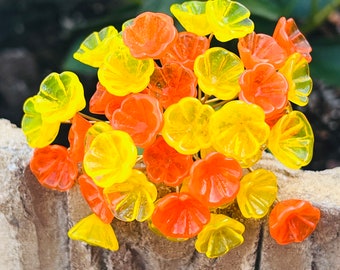 Vintage 10pc Yellow, Orange Glass Flower bouquet- Glass Headpins - Millinery - Flower Picks - Handcrafted.{B6-64#000477}