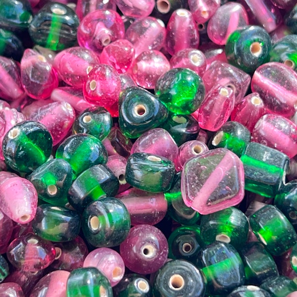 SUPPLY: 50grams  Vintage Random Mixed Shape Pink, Green Small Glass Beads/  Glass Bead Assortment. {N1-1529#01559}