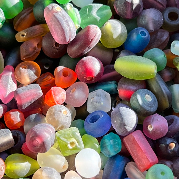 50grams  Vintage  Seaglass Mix Glass Beads/ BULK  Assorted Shapes Matte Beads /Vintage Jewelry Supplies.{Q3-1610#02251}