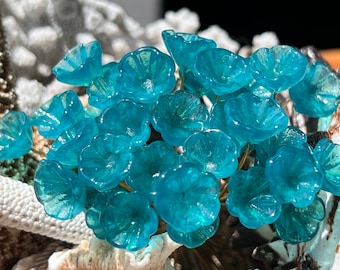 10pc Vintage Turquoise Glass Flower Charms: Brass Wire Headpins