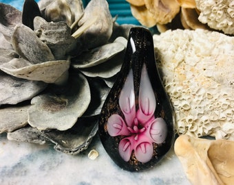 Lampwork Glass Flower Pendant: Handmade Foil Jewelry Supply (60mm)