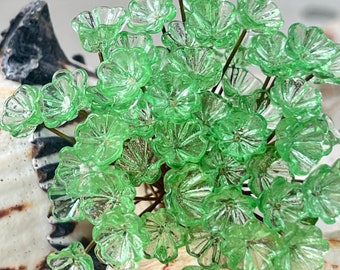 14pc Green Glass Flower Headpins-Glass Headpins - Millinery - Flower Beads - Handcrafted - Brass Wire. {Z4-3068#5192}