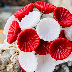 6pc Red-White Glass Flower Headpins-Glass Headpins - Millinery - Flower - Handcrafted - Brass Wire. {A2-7#0064}