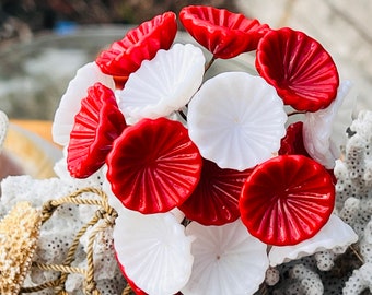 6pc Red-White Glass Flower Headpins-Glass Headpins - Millinery - Flower - Handcrafted - Brass Wire. {A2-7#0064}