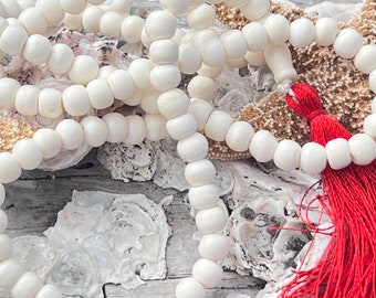 White Bone Beaded Necklace: Round Bone Mala, 8mm