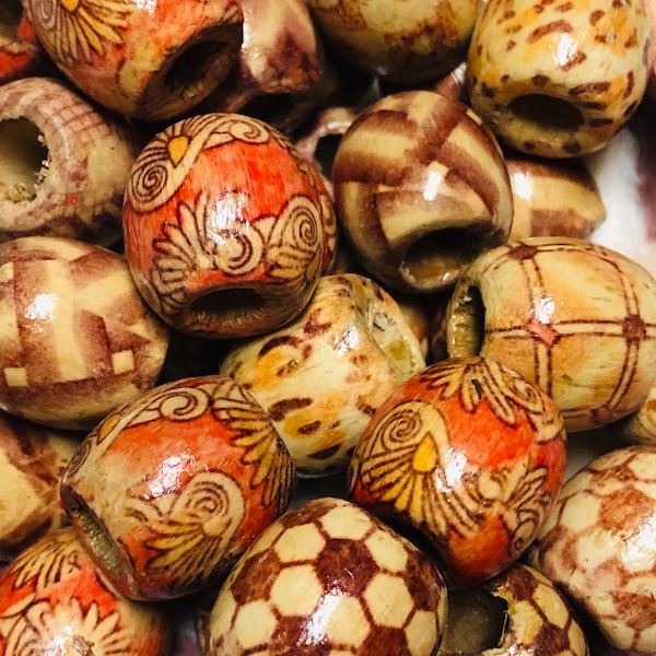 25pc Bohemian Tribal Decorative Wood Beads/ Large Hole Beads / Mixed Pattern Beads /Earthy Colors. {N7-1556-01727}