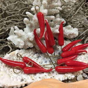 15 Red Chili Pepper Glass Charms: Lampwork Brass Wire Beads