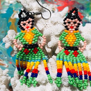 Mexican Lady Earrings /  Beaded Earrings / Fiesta Earrings/  Frida Jewelry /Tassel Beaded Earrings .{B7-67#00495}