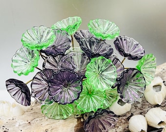 Glass Flower Pin Charms: Purple & Mint Green, Brass Wire (8pc, 16mm Flowers, 1-1.5" Wire )