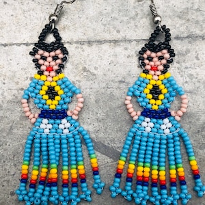 Mexican Lady Earrings /  Beaded Earrings / Fiesta Earrings/  Frida Jewelry /Tassel Beaded Earrings .{A1-4#00020}