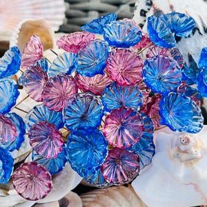 8 Transparent Pink, Blue Glass Flower Pin Charms-Glass Headpins - Millinery - Flower Beads - Handcrafted - Brass Wire.{Z3-3066#5174}