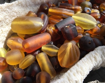 50pcs  Vintage Honey Yellow Color Sea Glass Mix Glass Beads/ BULK Assorted Shapes Matte Beads /Vintage Jewelry Supplies.{P3-1576#002076