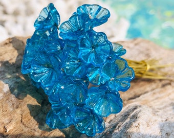14pc Clear Blue Glass Flower Headpins: Brass Wire Charms