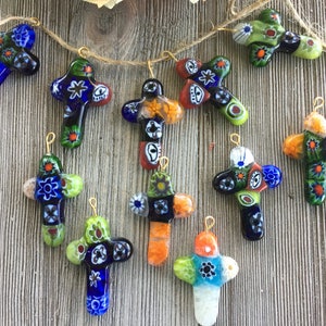 5pc Murano Millefiori Glass Cross Pendants/ Large Colorful Glass Cross Pendants /  Glass Charms Lamp Work .{C8-105#01111}