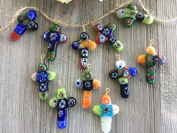 ムラーノ・ミルフィオリガラスのクロスペンダント5個：ランプワーク