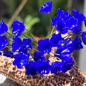 14pc Royal Blue Glass Flower Headpins,Charms- Glass Headpins -Millinery - Flower Beads - Handcrafted - Brass Wire. {R7-1656#02477}