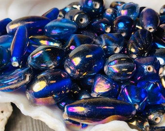 50pc Vintage Carnival Glass Beads  /Blue  Iridescent Beads / Mix Shape Glass Beads.  {O2-1565#1771}