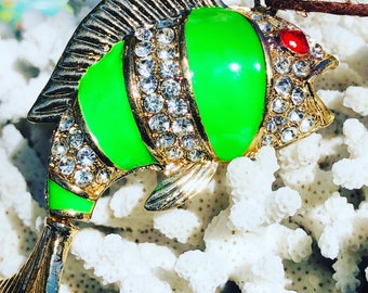 Carp Fish Golden Alloy Enamel Hollow Big Pendants, with Crystal Rhinestone, Lime, 60x41x17mm.{F7-219#001438}