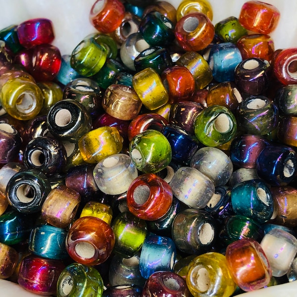 50pc Vintage Rainbow Iridescent Colorful Glass Crow Roller Beads - Macrame Beads - Large Hole Beads /Glass Beads. {O4-1575#1891}