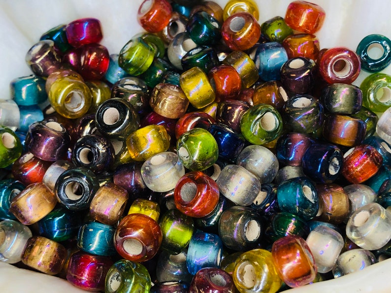 50pc Vintage Rainbow Iridescent Colorful Glass Crow Roller Beads - Macrame Beads - Large Hole Beads /Glass Beads. {O4-1575#1891}