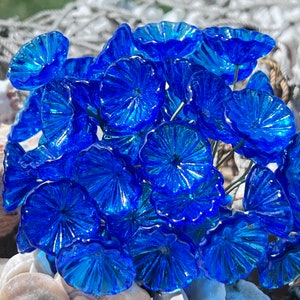 8pc Mix Transparent Dark Blue Color  Glass Flower Headpins-Glass Headpins - Millinery  - Handcrafted - Brass Wire {Z2-3056#5061}