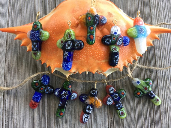 ムラーノ・ミルフィオリガラスのクロスペンダント5個：ランプワーク