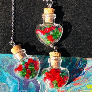 Heart Glass Wishing Bottle Pendant Necklaces and Dangle Earrings Jewelry Sets, Red & Green. {N7-1555#01716}