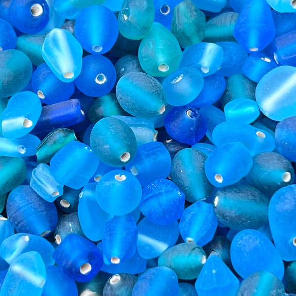 50grams Vintage  Sea Blue Seaglass Mix Glass Beads/ Sea Blue Assorted Shapes Matte Beads /Vintage Jewelry Supplies.{Q2-1599#02191}