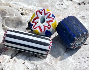 3pc Vintage Chevron Glass Beads: African Trade Beads, Venetian Style