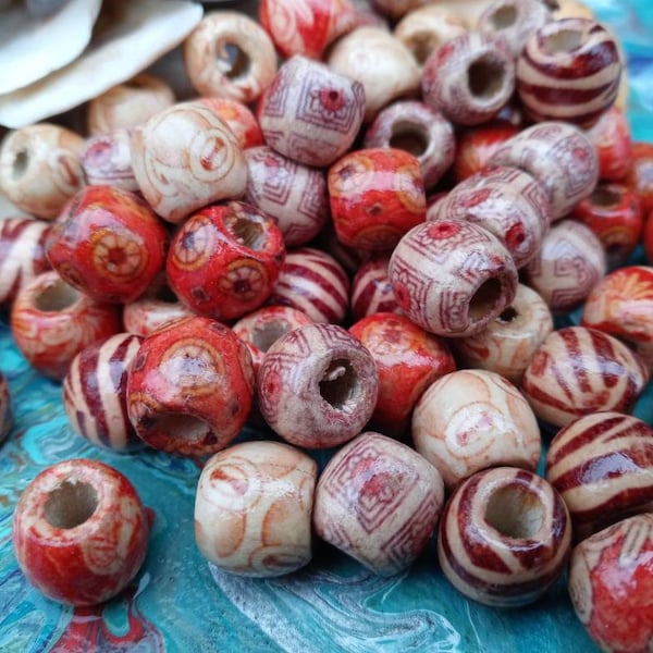 SUPPLY: 25 Bohemian Tribal Decorative Wood Beads/ Large Hole Beads / Mixed Pattern Beads /Earthy Colors. {N7-1556-01727}