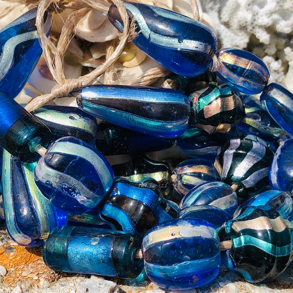 Fourniture : 12 grandes rayures zébrées vintage/perles de verre épaisses/perles de verre/béals focaux/perles de verre de Murano à grand trou.{O3-1570#01837}