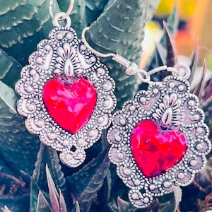 Sacred Heart Earrings /Red Heart Theme Earrings  / Metal Alloy Enamel Earrings.