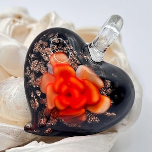 Inner Flower Heart Lampwork Pendants /  Glass Heart  / Heart Charm /Blown Glass Pendant. {C5-94#00815}