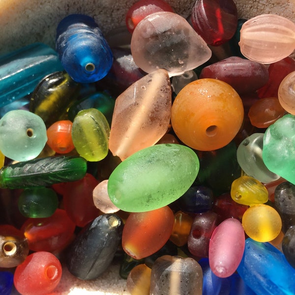 50pcs Vintage  Seaglass Mix Glass Beads/ BULK  Assorted Shapes Matte Beads /Vintage Jewelry Supplies.{Q3-1610#02251}