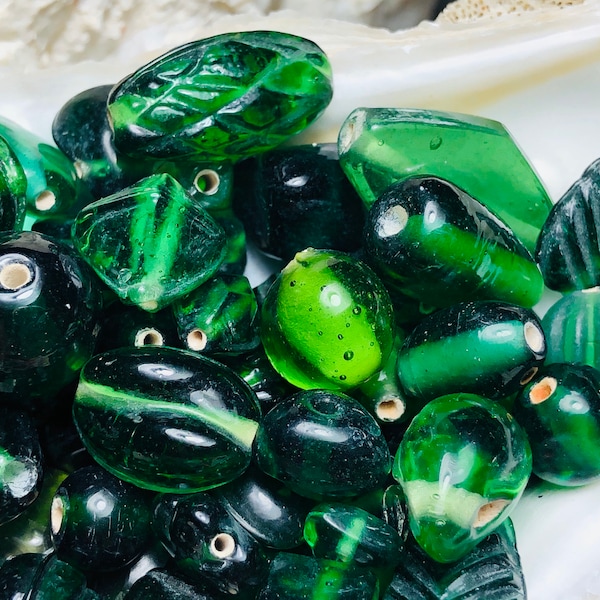 SUPPLY: 50 Vintage Random Mixed Shape Green Glass Beads/  Glass Bead Assortment. {O1-1560#01749}